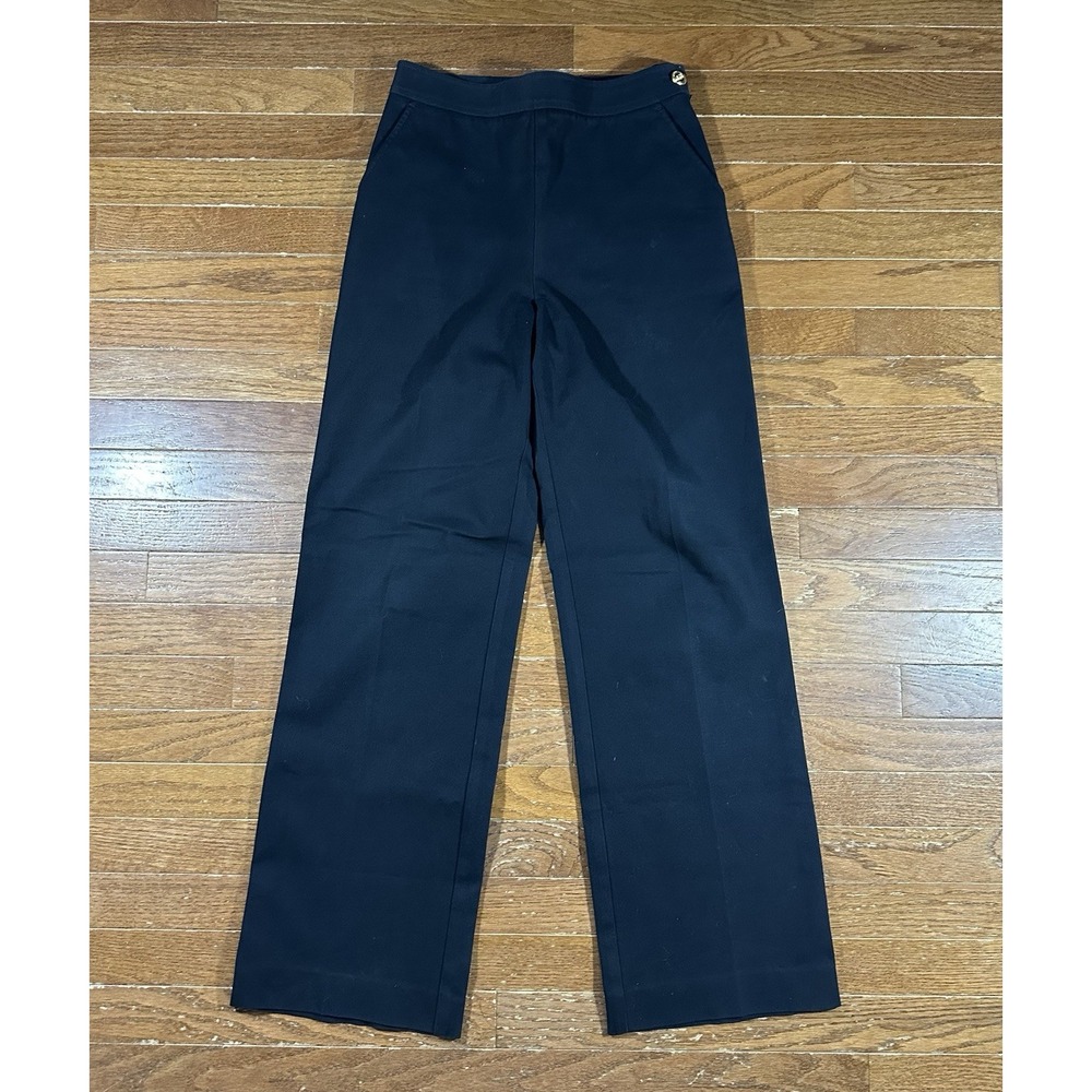 St John Sport Knit Pants Wide Leg Side Zip Navy Blue Size 4 Stretch Cotton